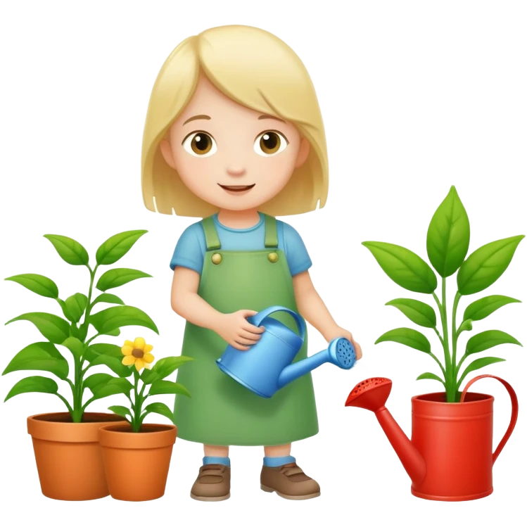 child watering plants with a watering can, cheerful and green emoji
