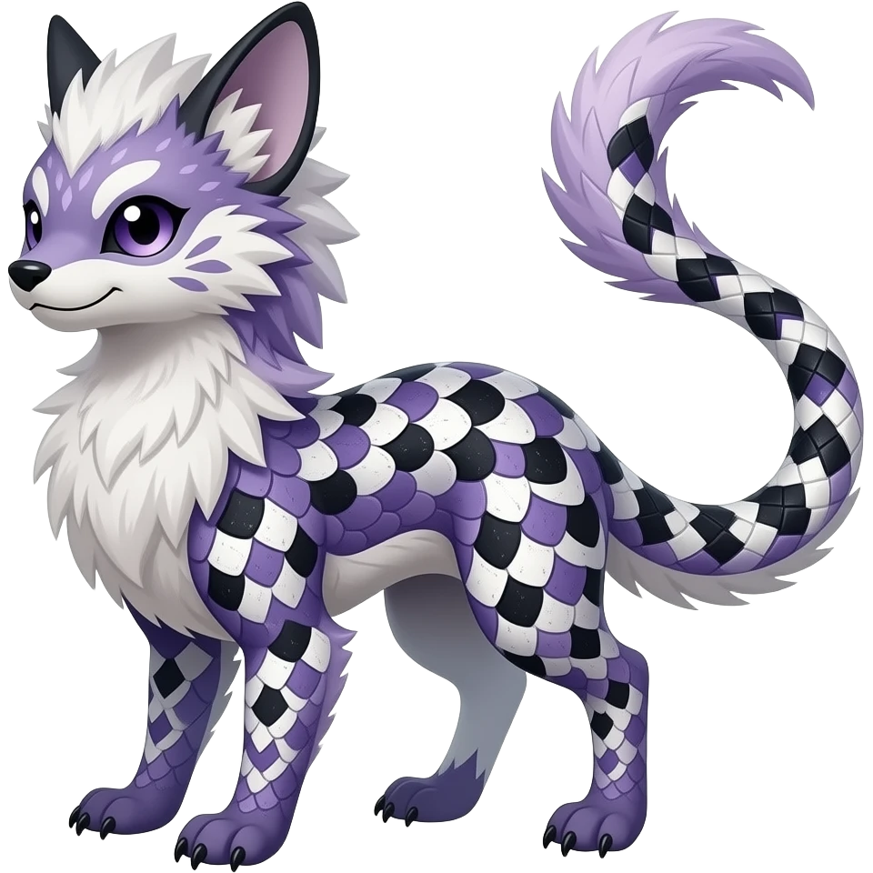 Grunge-patterned harlequin-patterned feathery elegant realistic Furry, feathery fluffy tropical flecked painted feathery scaly, Purple, white, black, Minccino-Bambino-Lykoi-Linoone-Zangoose-fusion-hybrid-animal-Fakémon-creature, full body, thin long sleek scaly tail, intricate markings emoji
