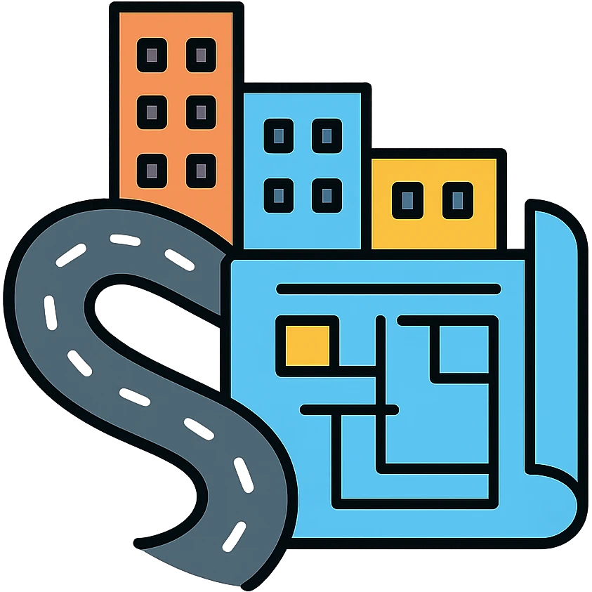 Urban planning with buildings, roads, and a blueprint - representing Urbanisme & Aménagement emoji