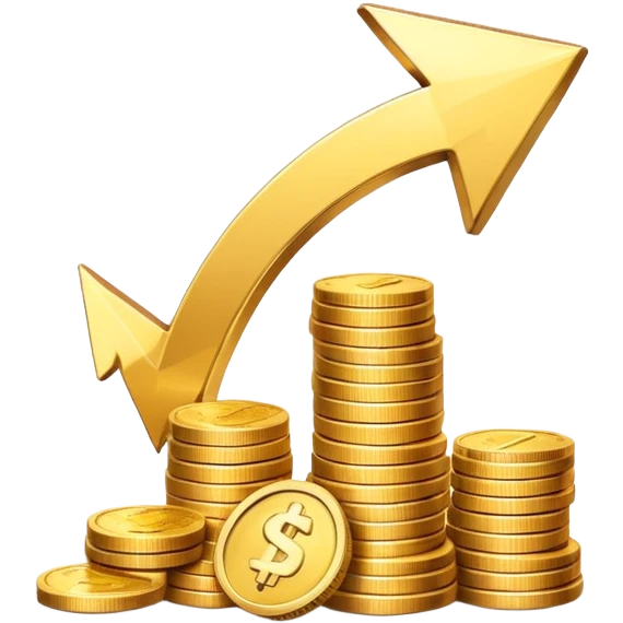 upward arrow beside a small stack of gold coins, financial growth symbol emoji