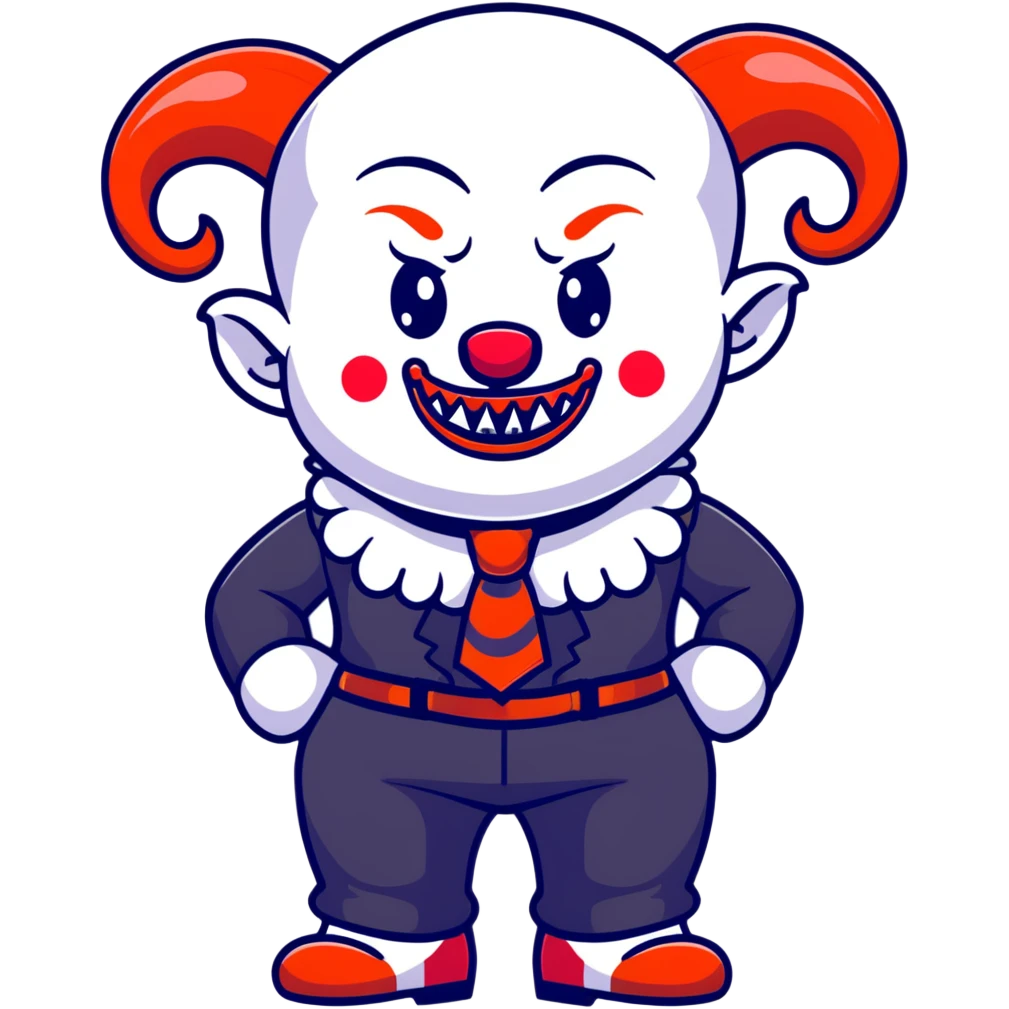 full-body demonic clown in black and white leisure suit with bellbottom pants, bald, black ram horns, flashy black and white belt, ruffled white shirt, no neck tie, large fangs, cartoon sticker style emoji