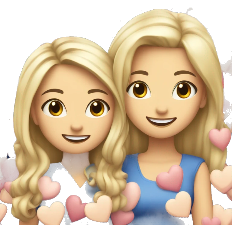 blonde Caucasian female and brunette Caucasian female best friends happy smiling with hearts everywhere emoji