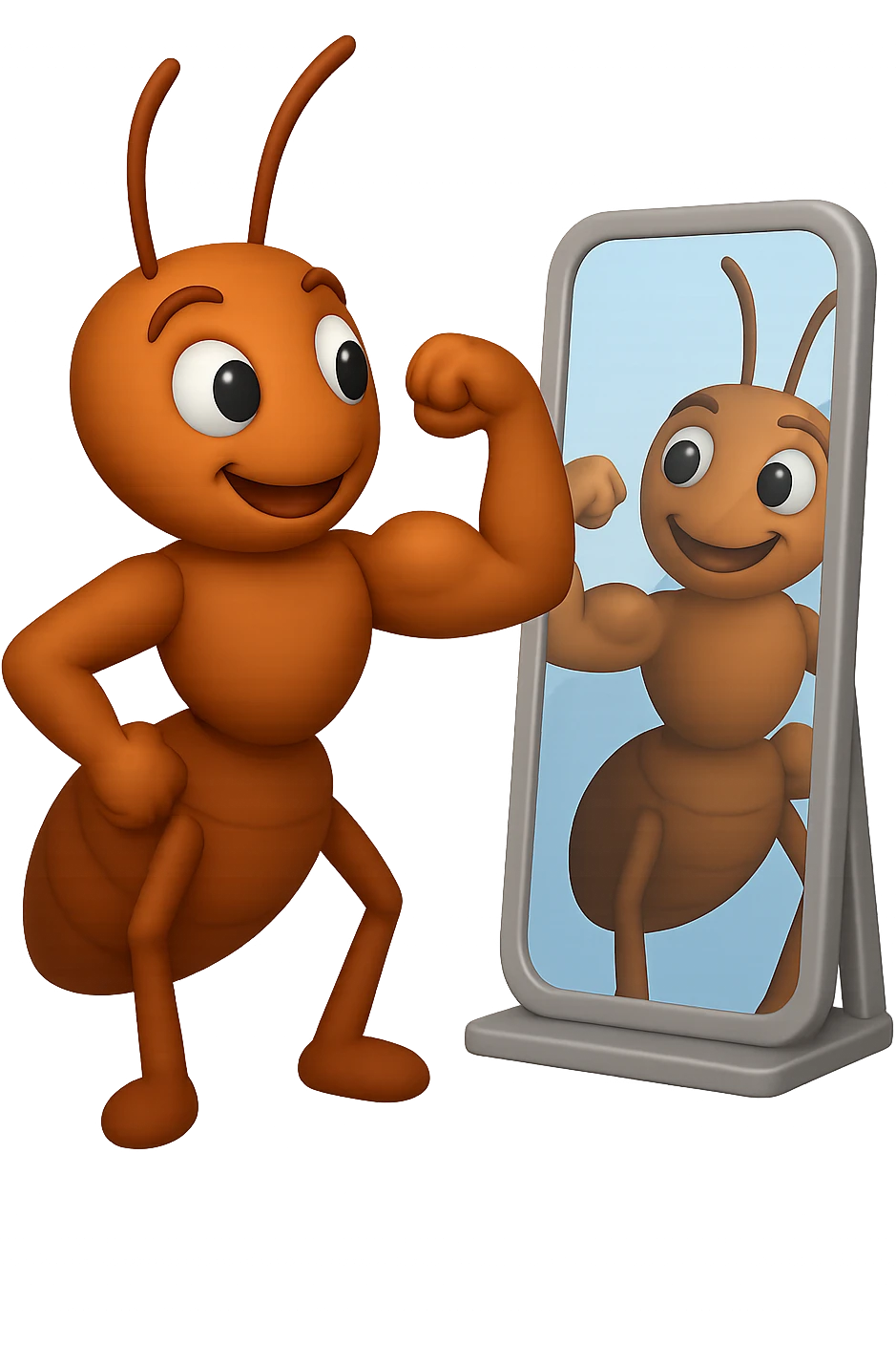 EMOJI STILE IPHONE 3D DI una formica che si guarda allo specchio felice e sicura di sè mentre contrae il suo bicipite muscoloso, fagli anche la parte bianca degli OCCHI, non solo la pupilla emoji