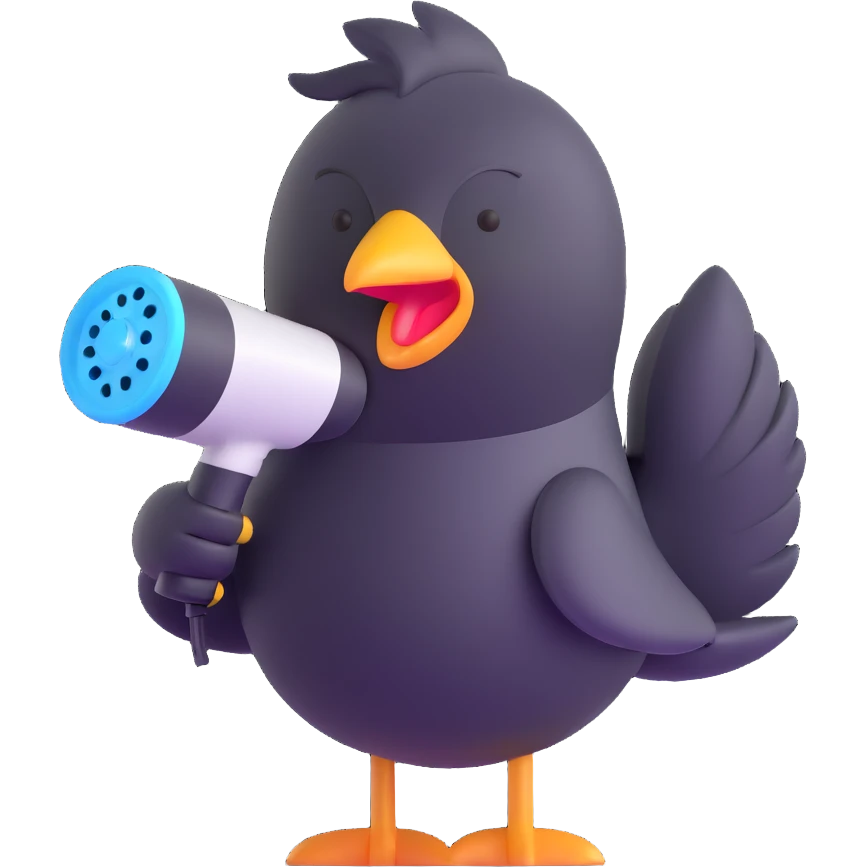 cute soft fluffy hair dryer bird blowing gentle air with a happy face, soft pink, full-body emoji