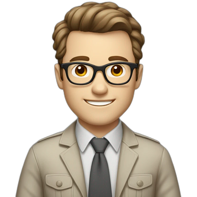 Joyful Pale skinned Fit Man With dark brown hair in gray jacket, beige office shirt, Brown pants and vintage glasses. His thrumbs up emoji