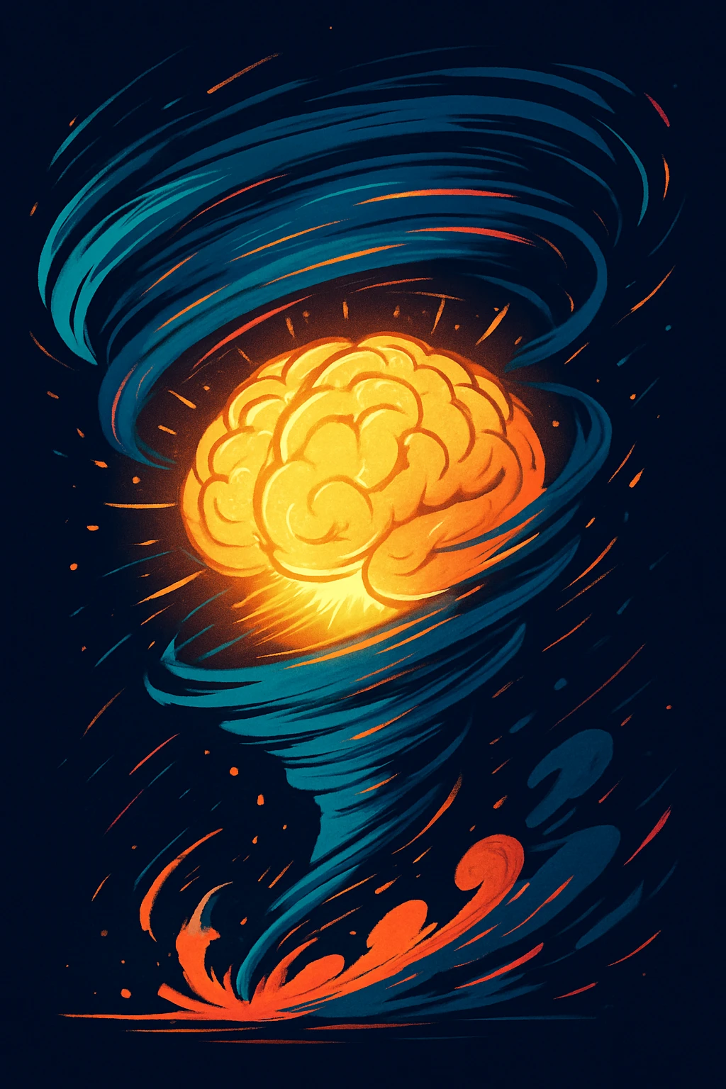 A stylized tornado swirling around a glowing brain, representing the concept of a brainstormer, with dynamic energy and motion. emoji