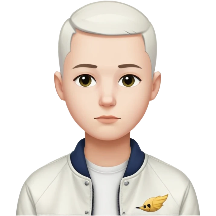 Person side eye with a straight face with a buzz, cut, white hair and a white Hollister jacket emoji
