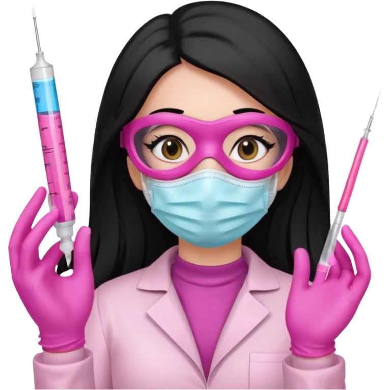 laboratorista con guantes rosa y mascarilla rosa jeringa tubos sin lentes pelo lacio negro y largo emoji