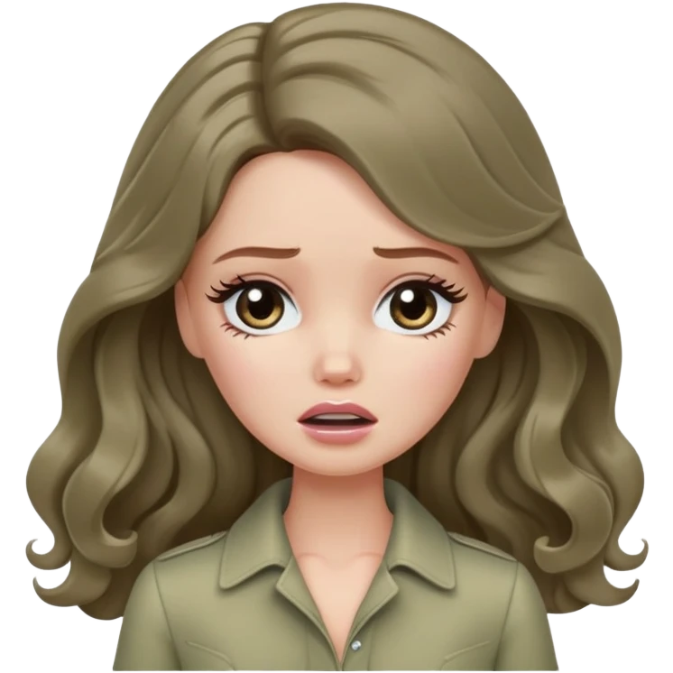 A white Barbie girl with long dark brown wavy hair in pale olive clothes crying emoji