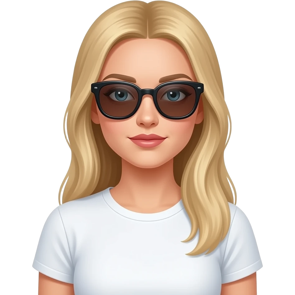 bella ragazza russa bionda capelli lisci lunghi e occhi chiari, con maglietta bianca. stilosa con occhiali da sole emoji