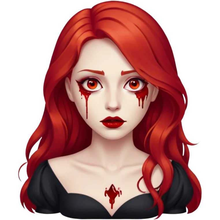 a woman with long red hair and red eyes. The woman wear a black dress. She have red lipstick. blood on face and metaphorical chest emoji