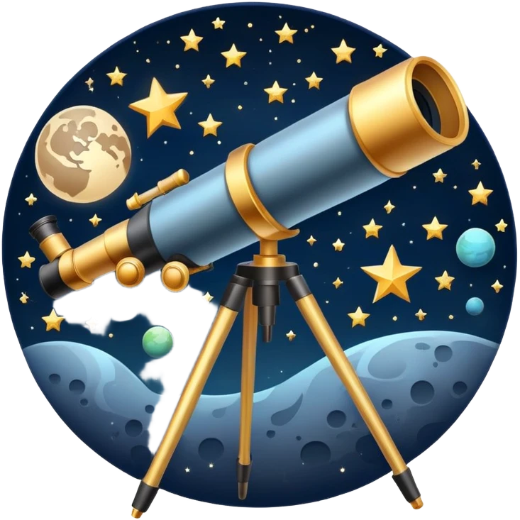 An icon featuring a telescope, stars, and a planet, symbolizing astronomy. The design includes a crescent moon, distant galaxies, and constellations, representing the study of space and celestial bodies. Transparent background highlights the exploration of the universe and cosmic phenomena. emoji