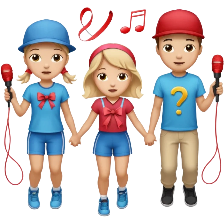 Show three big emojis: 👧🏻🎀 (the doll singing), 😀👕4️⃣5️⃣6️⃣🤾 (a player jumping rope), 👦🏻🧢 (child figure). emoji