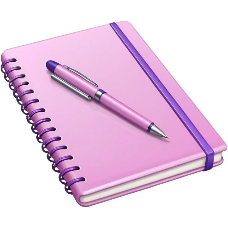 soft pink notebook with a soft purple pen lying on top, iOS emoji style emoji