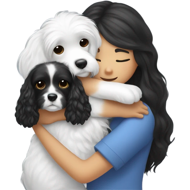 Black and white cavoodle getting hugged by long hair Asian girl emoji