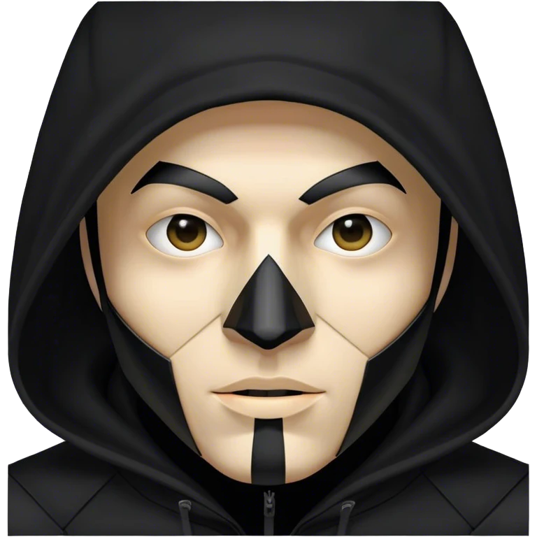 man with black hooded jacket and a full-black full-face geometric mask emoji