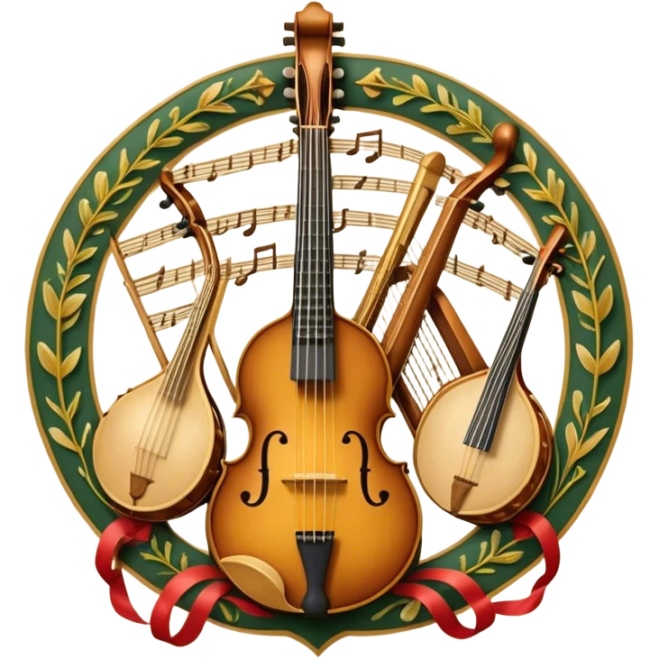 Design a sophisticated, festive, and professional emblem-like emoji representing both plucked and string instruments. The composition should resemble a heraldic crest, featuring a harmonious blend of instruments like a banjo, mandolin, domra, sitar, and others. The necks of these instruments should intertwine gracefully with a flowing ribbon of musical notes, wrapping around the strings and headstocks. The instruments should be artistically detailed, with decorative fretboards, intricate inlays, and ornate carved elements. The overall design should evoke a sense of elegance and craftsmanship, with a color palette of gold, deep wood tones, and rich accents. Include subtle highlights to create depth and dimension, with ornamental flourishes like laurel branches or swirling patterns around the central instruments. The background should be transparent to allow the emblem to stand alone. emoji