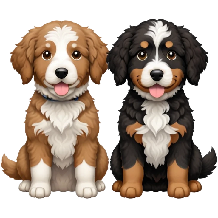 2 dogs: one light brown Aussie doodle, one Bernedoodle all black with white eyebrows some white markings, no brown coloring. Both same size. emoji