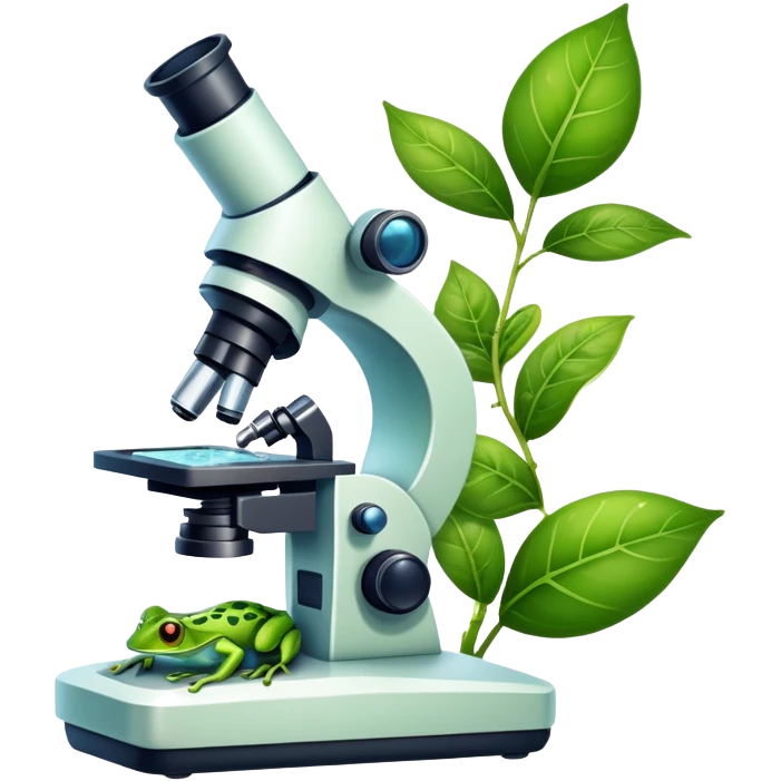An icon featuring a DNA strand, a microscope with visible cells, and a green leaf, symbolizing biology. The design includes animal cells, plant structures, and a frog, representing the study of living organisms and ecosystems. Transparent background highlights life sciences and biological research. emoji