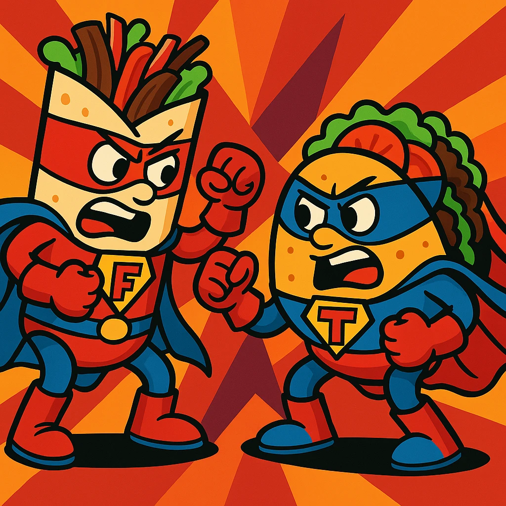 Add superhero costumes to the fajita and taco as they playfully fight in a vibrant cartoon style, keep the background as is. emoji