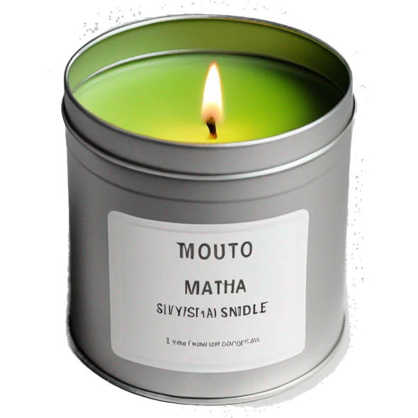 matcha scented candle in a silver tin with a small white label realistic emoji
