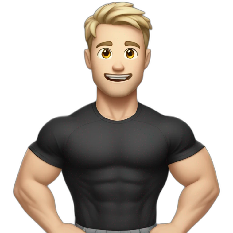 amazed Open with surprise mouth Pale skinned Fit Man With the biceps and dark brown hair in black shirt, gray sports shorts and white Sneakers emoji