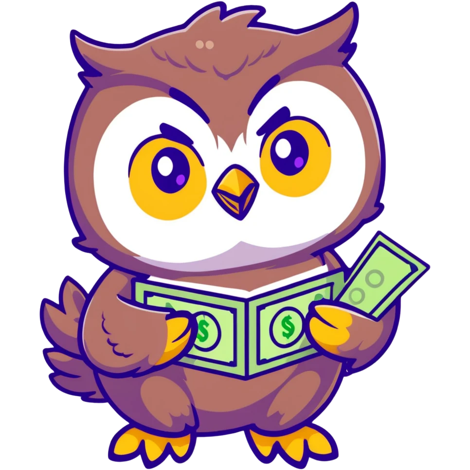 cute owl character symbolizing wealth luck, large green eyes, sparkling golden feathers, holding a money pouch in its feet, pastel tones, charming sticker style emoji