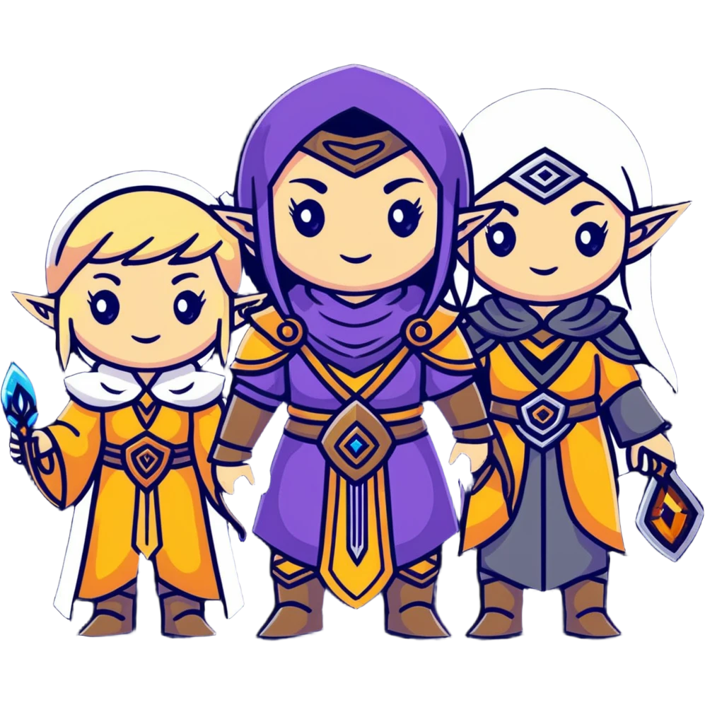 Lineage 2 female characters with Human mystic, Elven ranger, female Dwarf artisan, and Dark Elf sorceress emoji