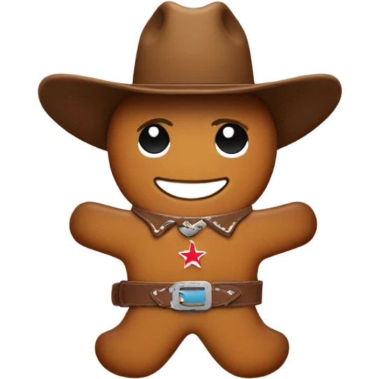 Gingerbread man wearing cowboy hat and a belt with a belt buckle in the shape of Texas emoji