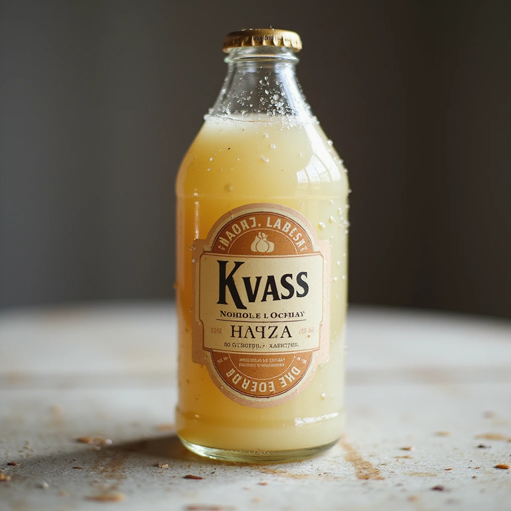 white kvass, bottle with label, condensation drops, transparent background, realistic style emoji