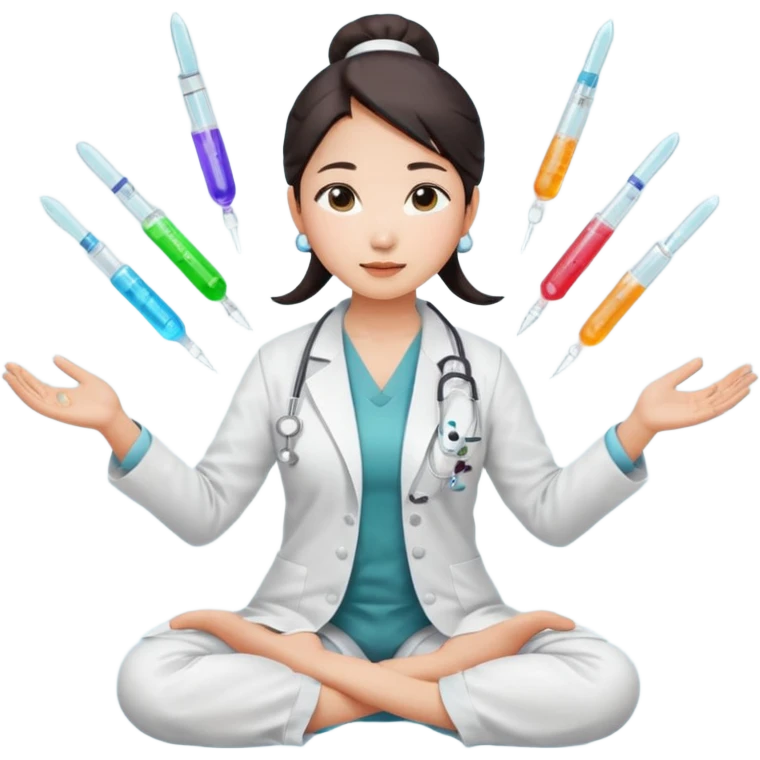 emoji of an asian woman with a single bun in a white lab coat sitting cross legged with micropipettes levitating in an arc around her head, the tips should be pointing away from her and she should not be wearing a steth escope emoji