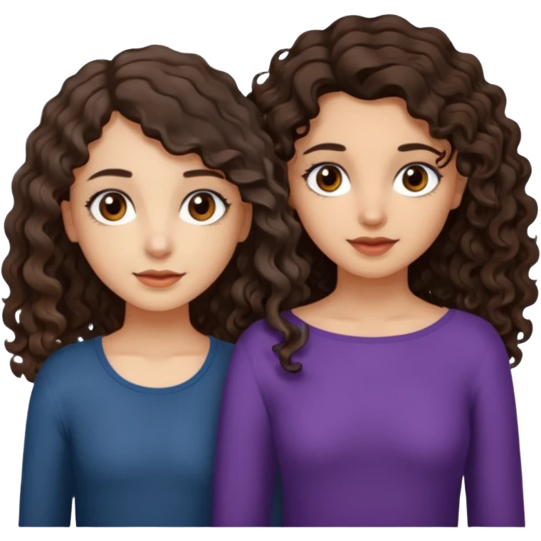 Two girls. One with shoulder length curly hair (dark brown hair and dark brown eyes, white skin) and the other with dark wavy hair below the shoulders and brown eyes. emoji