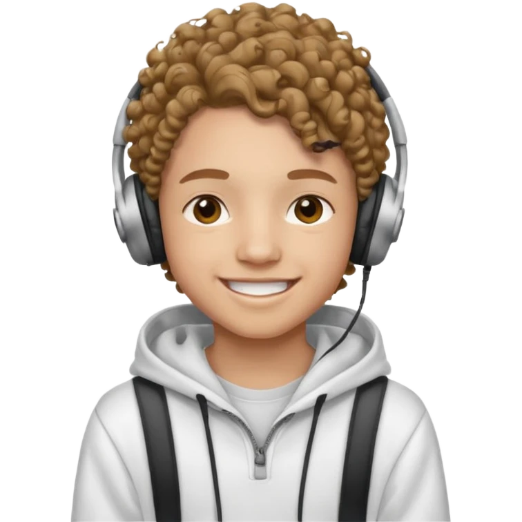Faça um adolescente de cabelo cacheado médio sorrindo com um aparelho dental e fones de ouvido, com um moletom branco emoji