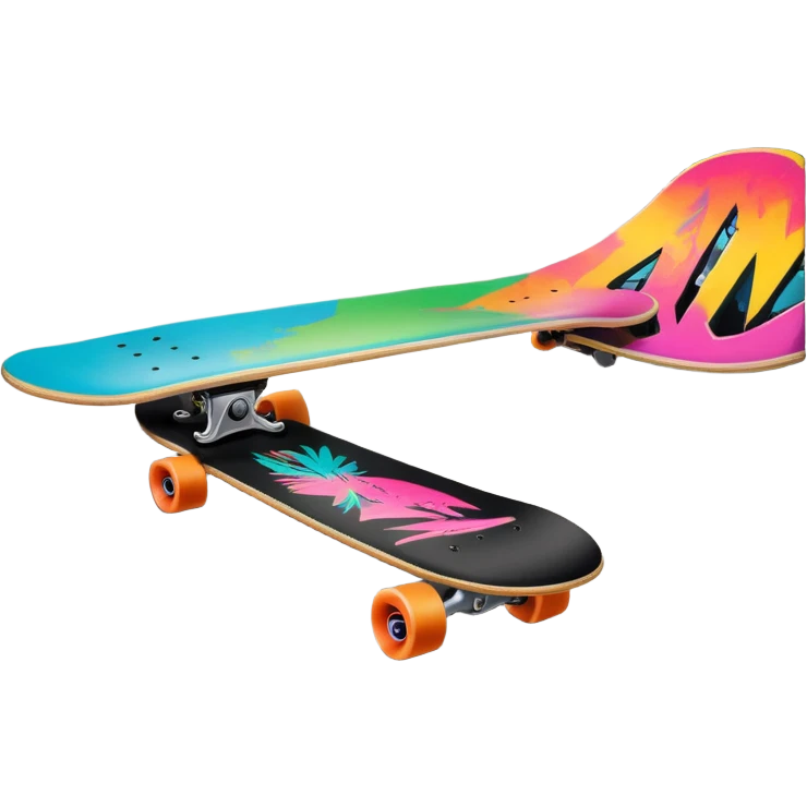 An icon featuring a skateboard resting on a smooth concrete surface. The background shows a sunny skate park with ramps, graffiti walls, and palm trees, creating an urban vibe. The skateboard is designed with vibrant colors and unique graphics. Transparent background  emoji