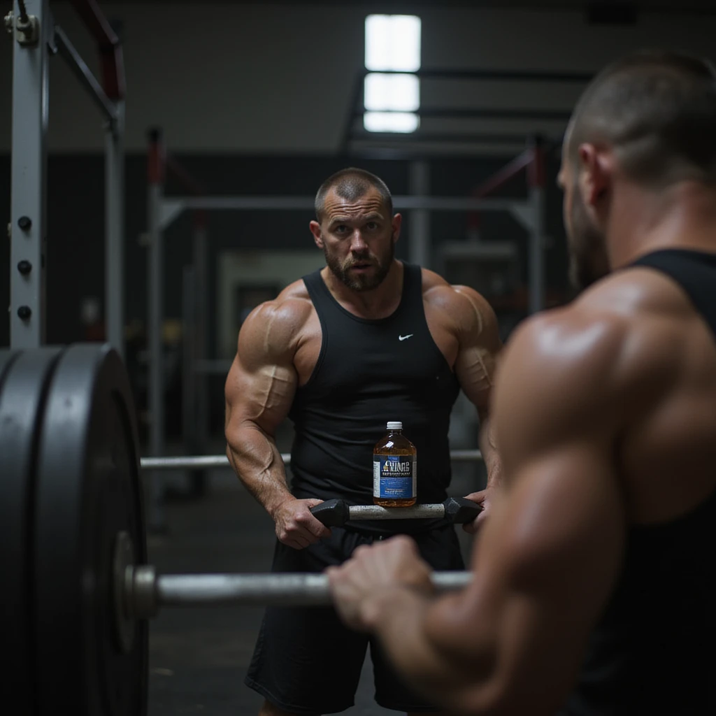 realistic powerlifter performing deadlift in front of mirror, reflection shows bottle of AAS in background, expression torn between curiosity and doubt, isolated on white background emoji