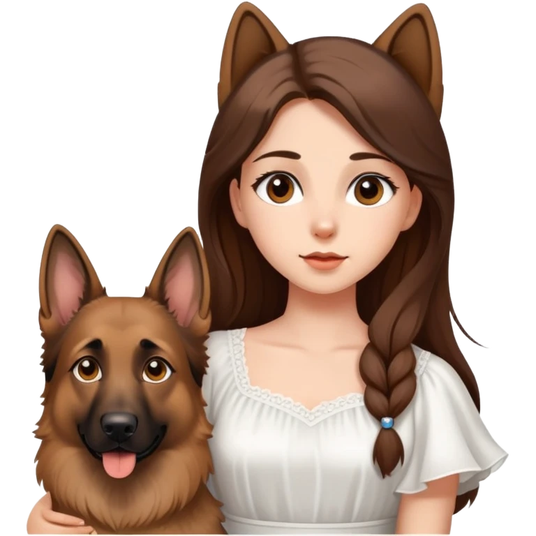 A beautiful girl with big eyes, fair skin, long brown hair with white dress and a German Shepherd dog emoji