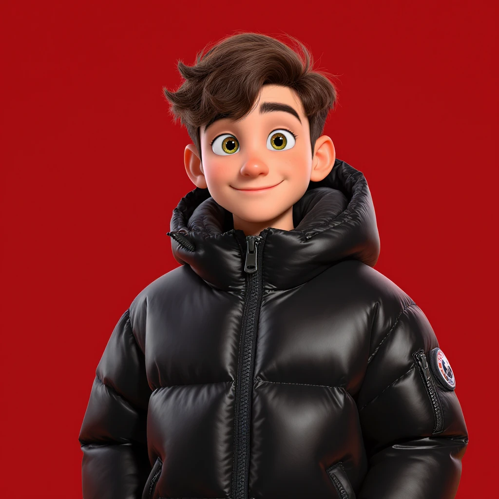 3d disney pixar character, young 18yo boy with dark brown hair, and a shiny black puffer balenciaga design jacket, brave smiling. The background is a solid red color emoji