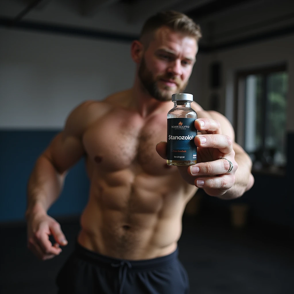 realistic photo of a crossfit athlete holding a vial labeled 'Stanozololo', tense muscles, bright light, modern gym background emoji