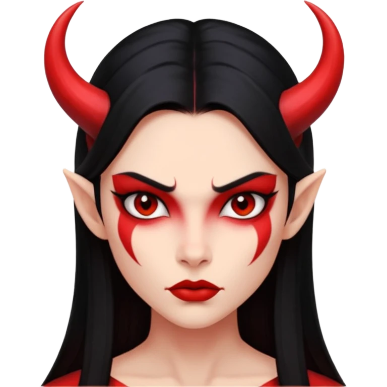 Head only demon girl, strong pronounced cheekbones, sharp angular jawline, skin fully pure red everywhere, long straight sleek black hair, small ho emoji