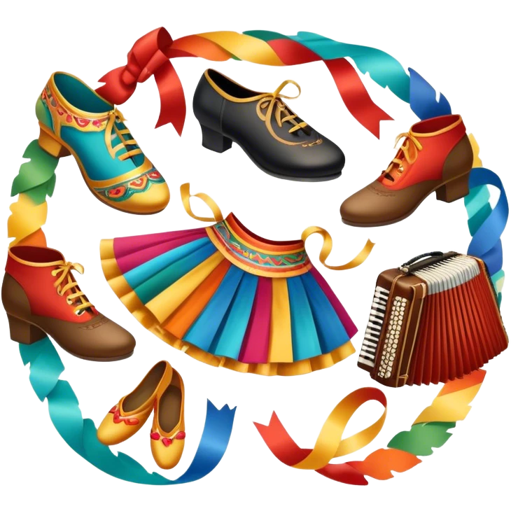Icon for Folk Dance: close-up traditional dance shoes, colorful folk costumes, and a dance circle with ribbons and musical instruments like a tambourine or accordion. The icon should represent the vibrant and cultural aspects of folk dancing. Transparent background. emoji