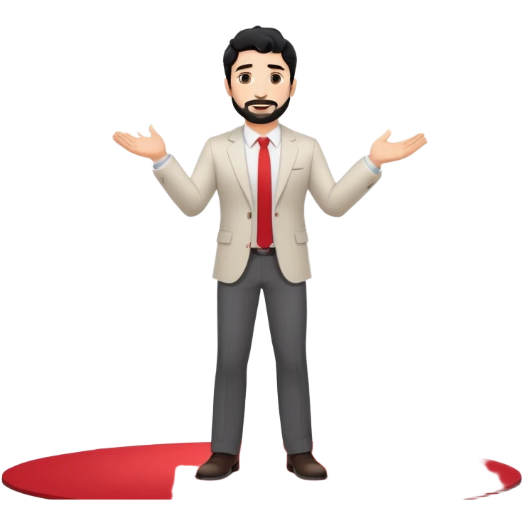 Professional 35-year-old man with black wavy hair, stubble, strong jawline, white skin tone, wearing smart casual business attire, giving a TED talk on innovation, standing on circular red carpet stage, gesturing confidently with projected slides behind him emoji