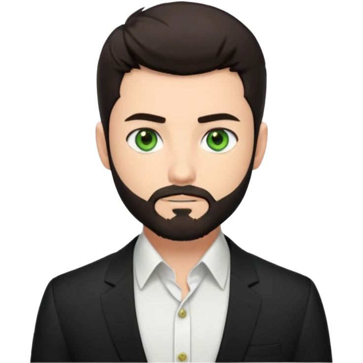 Man with a short full beard, Styled hair, Best looking man in the planet, onepiece style dark hair, green eyes, more anime style more maskulin. Wearing a white formal shirt, first buttons open macho style emoji