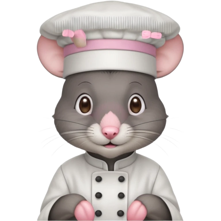 dark gray mouse with large round ears, brown eyes, and a small pink nose, wearing a white chef’s hat emoji