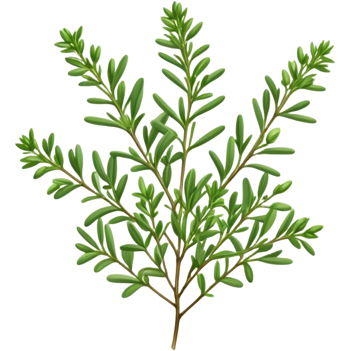 Cinematic Realistic Thyme Emoji, Compact and earthy, with tiny green leaves densely packed on delicate stems. The soft fragrance of the leaves fills the air, creating an atmosphere of warmth and subtle richness. Soft glowing outline, capturing the essence of simplicity and natural healing in a sprig of thyme! emoji