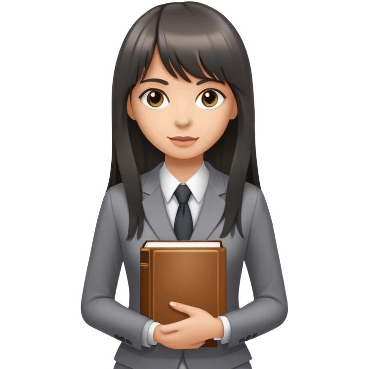 Beautiful white girl, with dark very long hair with bang, wearing grey suit, holding 5 books emoji