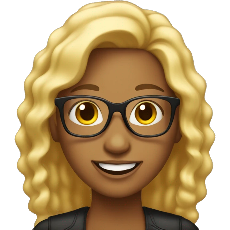 Una mujer trigueña con cabello color negro y lentes dorados, sonriendo y con una laptop emoji