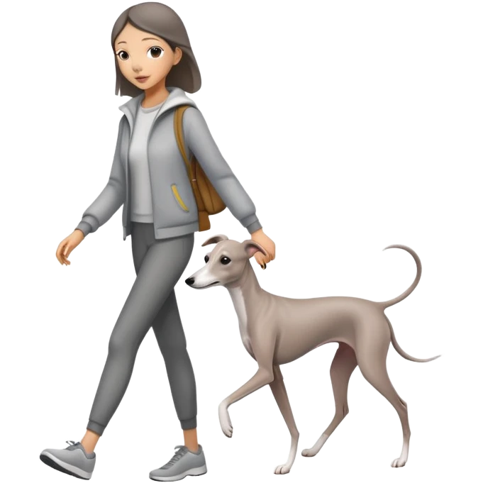 Asian girl walking an all grey Italian greyhound emoji