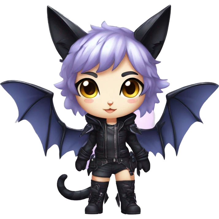 Shiny Chibi Cool Punk Black beautiful fantasy Kawaii Ethereal Sona Fakemon-cat-animal with edgy bat-wings-ears Full Body emoji