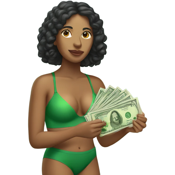 Peruvian woman in green and two pieces bathing suit holding money in her hand emoji