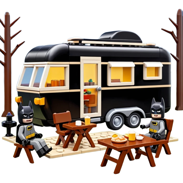  Ultra cute futuristic Lego detailed Batman and pretty Catwoman dream house Caravan with picnic table and folding chairs alone at romantic night(hot chocolate and cheeseburgers on the grill) emoji